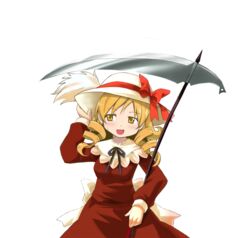  blonde_hair bow commentary_request cosplay dress drill_hair elly_(touhou) elly_(touhou)_(cosplay) female hat hat_bow holding holding_scythe mahou_shoujo_madoka_magica mahou_shoujo_madoka_magica_(anime) ninifu ribbon scythe short_hair smile solo tomoe_mami touhou touhou_(pc-98) transparent_background twin_drills twintails yellow_eyes 