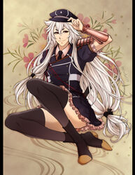  1boy animal_ears ankle_boots armor bishounen black_thighhighs boots buttons commentary_request cosplay crossdressing dianthus double-breasted dress floral_background flower flower_knot fox_boy fox_ears full_body hat highres japanese_armor karuta410 kogitsunemaru kote long_hair looking_at_viewer low-tied_long_hair male_focus midare_toushirou midare_toushirou_(cosplay) necktie pillarboxed red_eyes shoulder_armor sitting smile sode solo tassel thighhighs touken_ranbu very_long_hair white_footwear white_hair 