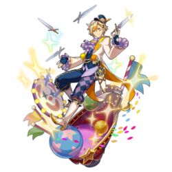  1boy ball blonde_hair boots circus clothing_request clown dagger diamond_(shape) dragalia_lost facial_mark flag fritz_(dragalia_lost) full_body glint gradient_hair knife looking_at_viewer male_focus multicolored_hair non-web_source official_art saitou_naoki semi-rimless_eyewear solo sparkle transparent_background under-rim_eyewear weapon yellow_eyes 