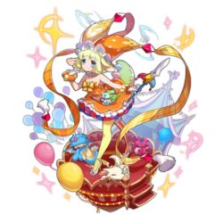  animal_ears annelie_(dragalia_lost) asymmetrical_clothes asymmetrical_legwear balloon dragalia_lost dragon female full_body hat jester_cap looking_at_viewer non-web_source official_art saitou_naoki semi-rimless_eyewear smile solo sparkle stuffed_toy sword tent transparent_background under-rim_eyewear uneven_legwear weapon 