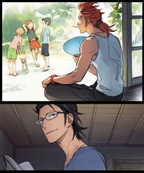  5boys akai_suzaku arms_behind_head bad_id bad_pixiv_id black_hair blonde_hair blue-framed_eyewear brown_hair feline glasses grin himeno_kanon idolmaster idolmaster_side-m iwa_(iwa000ima) jewelry kurono_genbu male_focus mofumofuen_(idolmaster) multicolored_hair multiple_boys necklace nyako_(idolmaster) okamura_nao ponytail red_hair shinsoku_ikkon_(idolmaster) shorts sleeves_rolled_up sliding_doors smile spiked_hair stretching tachibana_shiro_(idolmaster) tank_top tree twitter_username two-tone_hair 