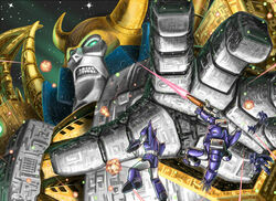  1980s_(style) autobot character_request clenched_teeth commentary_request cyclonus decepticon energy energy_gun explosion firing galvatron glowing green_eyes gun horns mecha neroma_shin no_humans open_hand retro_artstyle robot science_fiction space star_(sky) star_(symbol) teeth transformers transformers:_generation_1 unicron weapon 