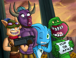  2015 agious alistar_(lol) amumu_(lol) anthro beard blue_hair bovid bovine clothing derp_eyes eyewear facial_hair fish fizz_(lol) forever_alone fur glasses group hair happy_forever_alone hat headgear headwear hi_res horn humor keyboard_warrior league_of_legends lol_face mammal marine meme mummy one_eye_closed open_mouth orange_body orange_fur red_nose riot_games smile smirk teemo_(lol) tencent trollface undead what yordle 