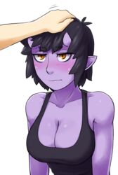  bare_shoulders black_hair black_shirt blush breasts cleavage collarbone colored_skin commentary female headpat horns ittla monster_girl oni original out_of_frame pointy_ears purple_skin shirt short_hair skin-covered_horns slit_pupils solo_focus tank_top ume_(ittla) upper_body wavy_mouth yellow_eyes 