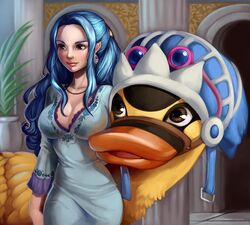  ajamariesart alabasta bird blue_hair breasts carue cleavage dress duck earrings female jewelry necklace nefertari_vivi one_piece princess smile 