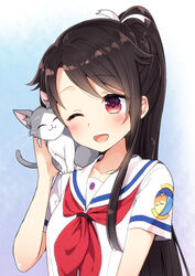  ;d black_hair commentary_request feline female high_school_fleet long_hair masuishi_kinoto munetani_mashiro one_eye_closed open_mouth photoshop_(medium) ponytail red_eyes school_uniform serafuku short_sleeves smile tamonmaru_(haifuri) yokosuka_girls_marine_high_school_uniform 