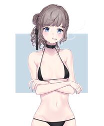  bare_arms bare_shoulders bikini black_bikini black_choker black_ribbon blue_background blue_eyes blue_nails blush choker cigarette collarbone commentary_request cowboy_shot crossed_arms female grey_hair groin hair_bun hair_ribbon halterneck highres indie_virtual_youtuber looking_at_viewer nail_polish navel ribbon short_hair single_hair_bun skindentation smoke smoking solo standing stomach swimsuit two-tone_background umeno virtual_youtuber white_background yamada_suzume 