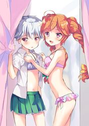  2girls absurdres bra braid commentary_request fuubuu girlfriend_(kari) grey_hair highres kimijima_satoru multiple_girls open_clothes open_shirt orange_hair pleated_skirt purple_eyes shirt skirt suzukawa_rino twin_braids underwear 