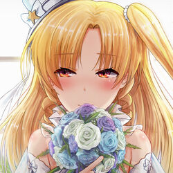  azur_lane blonde_hair blush bouquet bridal_veil cleveland_(azur_lane) cleveland_(heartfelt_moment)_(azur_lane) commentary_request dress female flower hat long_hair official_alternate_costume one_side_up red_eyes ribbon smile solo star_(symbol) takeyaman veil wedding_dress 