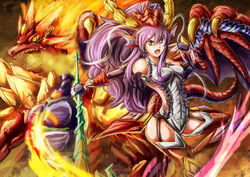  commentary_request dashinoya dragon female fingerless_gloves gloves green_eyes heterochromia long_hair polearm purple_eyes purple_hair puzzle_&amp;_dragons sonia_(p&amp;d) spear thighhighs weapon zettai_ryouiki 