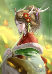  antlers bell brown_hair commentary_request female flower fur_trim green_eyes hair_flower hair_ornament horns japanese_clothes kano_(p&amp;d) kimono leaf maple_leaf oil-paper_umbrella ponytail puzzle_&amp;_dragons red_kimono scotishfold solo umbrella 