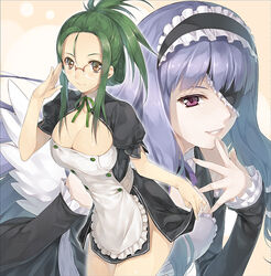  2girls breasts brown_eyes cleavage clothes_lift commentary_request dream_c_club dream_c_club_(series) eyepatch frills glasses green_hair hagure_keg hostess large_breasts lips long_hair maid_headdress mari_(dream_c_club) mio_(dream_c_club) multiple_girls photoshop_(medium) ponytail purple_eyes purple_hair ribbon skirt skirt_lift smile 