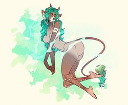  brown_body brown_fur female fur gem green_hair hair horn orb pearl_(gem) solo tanks_(artist) tattoo wilderkin 