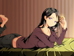  artist_request barefoot bed bed_sheet black_hair black_pants breasts closed_mouth collarbone copyright_request female highres holding holding_hourglass hourglass large_breasts legs_up long_hair long_sleeves looking_at_viewer lying on_bed on_stomach pants purple_eyes red_sweater smile soles solo striped striped_background sweater the_pose vertical_stripes 