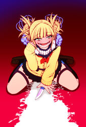  blonde_hair blunt_bangs boku_no_hero_academia cardigan chiba_toshirou commentary_request double_bun female hair_bun kneeling knife open_mouth photoshop_(medium) school_uniform smile solo suggestive_fluid toga_himiko 