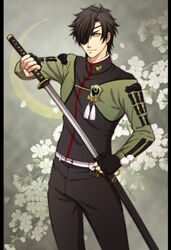  1boy black_gloves black_hair cherry_blossoms commentary_request cosplay crescent eyepatch fingerless_gloves gloves highres karuta410 katana male_focus petals sheath shokudaikiri_mitsutada smile sword touken_ranbu uguisumaru uguisumaru_(cosplay) unsheathing weapon yellow_eyes 