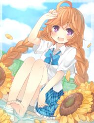  :d ahoge barefoot braid chain-link_fence commentary_request female fence flower fuubuu girlfriend_(kari) long_hair looking_at_viewer open_mouth orange_hair petals purple_eyes school_uniform shirt short_sleeves sitting smile soaking_feet solo sunflower suzukawa_rino twin_braids very_long_hair white_shirt wind 