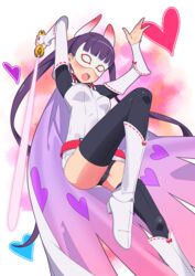  ama_mitsuki beam_saber belt black_thighhighs boots breasts cape commentary_request female heart komadori_renge long_hair long_sleeves mask open_mouth purple_hair ribbon-trimmed_sleeves ribbon_trim sekai_seifuku:_bouryaku_no_zvezda small_breasts solo thighhighs twintails very_long_hair white_robin 