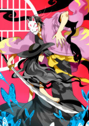  1boy black_hair bug butterfly commentary female floating_hair fox_mask getiao hat japanese_clothes katana kimono long_hair looking_back mask red_eyes shadow_lady_(yume_2kki) smile sword very_long_hair weapon yukata_(yume_2kki) yume_2kki 