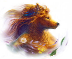  amber_wind_(character) anthro blonde_hair bust_portrait canid canine canis convenient_censorship ear_piercing faellin female flower fur hair mammal piercing plant portrait purple_eyes solo wind wolf yellow_body yellow_fur 