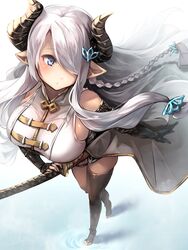  asymmetrical_gloves bare_shoulders black_footwear black_gloves black_thighhighs blue_eyes blush braid breasts cleavage commentary_request draph elbow_gloves female fingerless_gloves floating_hair from_above gloves granblue_fantasy hair_ornament hair_over_one_eye high_heels highres horns katana large_breasts long_hair low_tied_hair narmaya_(granblue_fantasy) pointy_ears purple_hair ripples signature single_braid single_elbow_glove single_fingerless_glove single_thighhigh sleeveless smile solo sword thigh_strap thighhighs uneven_gloves usuki_(graygreed) walking weapon 