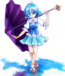  blue_hair commentary_request female geta gimicalmas heterochromia juliet_sleeves karakasa_obake long_sleeves puffy_sleeves solo tatara_kogasa touhou umbrella vest 