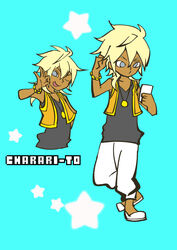  1boy ahi_tb black_shirt blonde_hair blue_background character_name charaleet_(precure) commentary_request dark-skinned_male dark_skin grey_eyes gyaruo hugtto!_precure jewelry male_focus necklace ok_sign pants parody pop&#039;n_music precure shirt simple_background smile style_parody sweatpants tank_top vest 