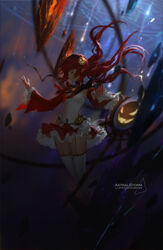  artist_name blurry breasts closed_eyes commentary depth_of_field detached_sleeves dungeon_and_fighter elementalist_(dungeon_and_fighter) female garter_straps highres long_hair mage_(dungeon_and_fighter) magic_circle meteor photoshop_(medium) red_hair small_breasts solo staff swd3e2 white_legwear 