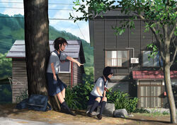  2girls bag black_hair bush cloud commentary dappled_sunlight dated day grass highres house leaf leaning loafers looking_back mailbox_(incoming_mail) multiple_girls original outdoors pointing ponytail power_lines road scenery school_bag school_uniform serafuku shoes short_hair signature sky sliding sliding_doors street sunlight tree wind yakikoke 