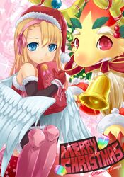  armor bell blonde_hair blue_eyes bow christmas dragon hat minerva_(p&amp;d) puzzle_&amp;_dragons red_eyes santa_hat snow_globe_dragon_rouge teme_(nonraku_carmine) wings 