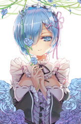  black_dress black_ribbon blue_eyes blue_flower blue_hair blue_rose blunt_bangs breasts closed_mouth commentary_request detached_sleeves dress eyelashes female flower frilled_shirt_collar frilled_sleeves frills hair_ornament hair_over_one_eye hair_ribbon hairband hairclip large_breasts long_sleeves looking_at_viewer maid plant purple_ribbon re:zero_kara_hajimeru_isekai_seikatsu rem_(re:zero) ribbon ribbon-trimmed_clothes ribbon-trimmed_sleeves ribbon_trim rose roswaal_mansion_maid_uniform short_hair simple_background sleeveless sleeveless_dress smile solo upper_body vines wataru_kuri white_background wide_sleeves x_hair_ornament 