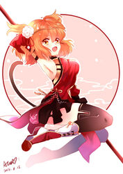  ahoge blush bo_staff boots breasts cat_tail chinese_clothes commentary_request cosplay dated fate/grand_order fate_(series) female flower fujimaru_ritsuka_(female) fujimaru_ritsuka_(female)_(the_three_great_heroes) full_body hair_flower hair_ornament large_breasts official_alternate_costume orange_hair puyue solo sun_wukong sun_wukong_(cosplay) tail thighhighs thighs two_side_up yellow_eyes 