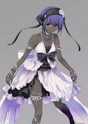  bare_shoulders bracelet commentary_request cosplay dark-skinned_female dark_skin dress euryale_(fate) euryale_(fate)_(cosplay) euryale_(third_ascension)_(fate) euryale_(third_ascension)_(fate)_(cosplay) fate/grand_order fate/hollow_ataraxia fate/prototype fate/prototype:_fragments_of_blue_and_silver fate_(series) female flat_chest flying_sweatdrops grey_background hairband hassan_of_serenity_(fate) ifuji_shinsen jewelry lolita_hairband necklace purple_hair short_hair simple_background sleeveless sleeveless_dress solo white_dress 