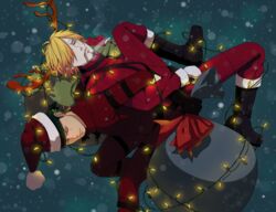  2boys antlers back-to-back bag blonde_hair boots christmas christmas_lights cigarette earrings green_hair hair_over_one_eye hat jacket jewelry male male_focus marmalade_(elfless_vanilla) multiple_boys one-eyed one_piece red_jacket red_pants roronoa_zoro sanji santa_costume santa_hat santa_suit scar smoking 