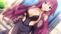  :d aqua_eyes arm_at_side bare_shoulders black_dress breasts cleavage criss-cross_halter dress dutch_angle elbow_gloves female female game_cg gloves hand_up highres large_breasts looking_at_viewer neck o-ring_dress outdoors purple_hair sakura_nova setsuna_kaguya side_slit smile solo standing very_long_hair wanaca 