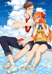  1boy barefoot blush bow brown_eyes brown_hair cloud commentary_request day feet female food fruit gekkan_shoujo_nozaki-kun hairbow handkerchief hashimoto_(yanagi-momo) long_hair long_legs necktie nozaki_umetarou orange_hair pants pleated_skirt polka_dot polka_dot_bow purple_eyes rouman_academy_school_uniform sakura_chiyo school_uniform short_hair sitting skirt sky soaking_feet vest water watermelon 