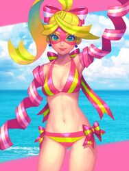  arms_(game) beach bellhenge bikini blonde_hair blue_eyes commentary_request day domino_mask female jpeg_artifacts long_hair looking_at_viewer mask multicolored_hair ponytail ribbon ribbon_girl_(arms) ribbon_hair sky smile solo swimsuit two-tone_hair water 