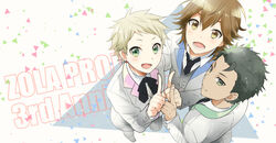  3boys :d anniversary black_hair blonde_hair blue_eyes brown_hair commentary_request copyright_name formal from_above hair_slicked_back jewelry kikuchi_mataha kyo_(vocaloid) looking_at_viewer male_focus multiple_boys open_mouth smile suit vocaloid wil_(vocaloid) yuu_(vocaloid) zola_project 