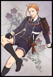  1boy armor black_border black_gloves black_socks border commentary_request cosplay crossed_legs flower gloves highres iwatooshi japanese_armor karuta410 kneehighs male_focus military military_uniform necktie open_mouth orange_eyes orange_hair sharp_teeth short_sword shorts shoulder_armor smile socks sode solo sword tantou teeth touken_ranbu uniform weapon yagen_toushirou yagen_toushirou_(cosplay) 