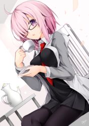  bad_id bad_pixiv_id blush breasts cup fate/grand_order fate_(series) female glasses grey_sleeves hair_over_one_eye looking_at_viewer mash_kyrielight medium_breasts minari_(minari37) open_mouth pantyhose purple_eyes purple_hair short_hair solo teacup teapot 