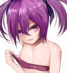  aisha_landar bad_id bad_pixiv_id bandeau colored_eyelashes commentary_request cucurbita elsword female grin hair_ribbon naughty_face purple_eyes purple_hair revision ribbon short_hair smile solo twintails undressing upper_body void_princess_(elsword) white_background 