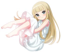  akino_miyo barefoot blonde_hair blue_eyes blunt_bangs blush closed_mouth commentary dress feet female full_body highres hugging_own_legs long_hair looking_at_viewer sekina simple_background sleeveless sleeveless_dress smile solo sundress wakaokami_wa_shougakusei white_background white_dress 