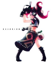  absurdres alternate_hairstyle armor belt black_footwear black_shirt boots closed_mouth commentary_request dual_wielding english_text female from_behind full_body green_eyes headphones highres holding looking_at_viewer looking_back octoling octoling_player_character overskirt red_hair shirt short_hair short_sleeves simple_background solo splat_dualies_(splatoon) splatoon_(series) splatoon_2 standing takozonesu takuzou tentacle_hair toxic_mist_(splatoon) white_background 