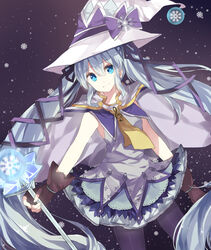  bad_id bad_pixiv_id banned_artist blue_eyes cape fingerless_gloves gloves hair_ribbon hat hatsune_miku long_hair morino_itsuki pantyhose ribbon skirt snowflakes snowing solo suki!_yuki!_maji_magic_(vocaloid) twintails very_long_hair vocaloid wand witch_hat yuki_miku 