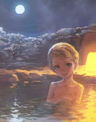  bad_id bad_link bathing blonde_hair closed_mouth collarbone commentary_request covering_breasts covering_privates female flat_chest full_moon looking_at_viewer lowres moon night nude onsen original outdoors short_hair smile snow solo tree water weno weno&#039;s_blonde_original_character 