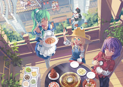  6+girls aki_minoriko aki_shizuha all_fours alternate_costume alternate_hairstyle architecture bare_shoulders bird black_hair black_wings blonde_hair blue_eyes blurry camera chopsticks closed_eyes commentary cosplay crossed_arms day depth_of_field detached_sleeves east_asian_architecture enmaided flying food frog_hair_ornament from_above green_hair hair_ornament hair_ribbon hairband hat highres horizontal_pupils indoors inubashiri_momiji kochiya_sanae lazy_susan looking_at_viewer madyy maid moriya_suwako multiple_girls nature open_mouth photoshop_(medium) plate purple_hair ribbon serving serving_cart shameimaru_aya short_hair siblings sisters smile snake_hair_ornament table tofu touhou wings yasaka_kanako 