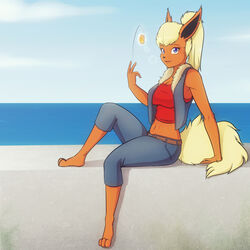  1:1 anthro anthrofied big_breasts blonde_hair blue_eyes breasts cleavage clothed clothing digital_media_(artwork) eeveelution eyebrows eyelashes female flareon generation_1_pokemon hair hi_res nintendo pokemon pokemon_(species) pokemorph ponytail reclining rosalyn_(eeveexpert) scorpdk smile solo 