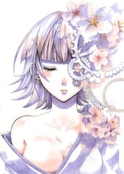  closed_eyes commentary_request female flower gears hiyama_shunka japanese_clothes kengan_(series) kengan_ashura kiryu_(777d) petals short_hair solo 