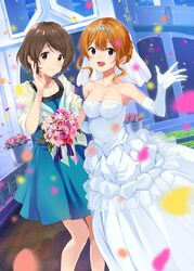  2girls :d absurdres blue_dress blue_eyes bouquet braid breasts bridal_veil brown_eyes brown_hair cleavage collarbone commentary_request day diadem dress elbow_gloves flower gloves hair_between_eyes highres holding holding_bouquet long_hair looking_at_viewer medium_breasts mirai_denki multiple_girls neko_ga_kureta_maarui_shiawase open_mouth outdoors petals purple_flower purple_rose red_flower red_rose rose shawl short_dress short_hair sidelocks sleeveless sleeveless_dress smile standing striped_clothes striped_dress tied_hair veil wedding_dress white_dress white_gloves 