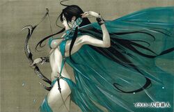  arslan_senki black_hair bow_(weapon) breasts cape covered_nipples earrings falangies female from_side jewelry long_hair medium_breasts official_art oogure_ito solo weapon 